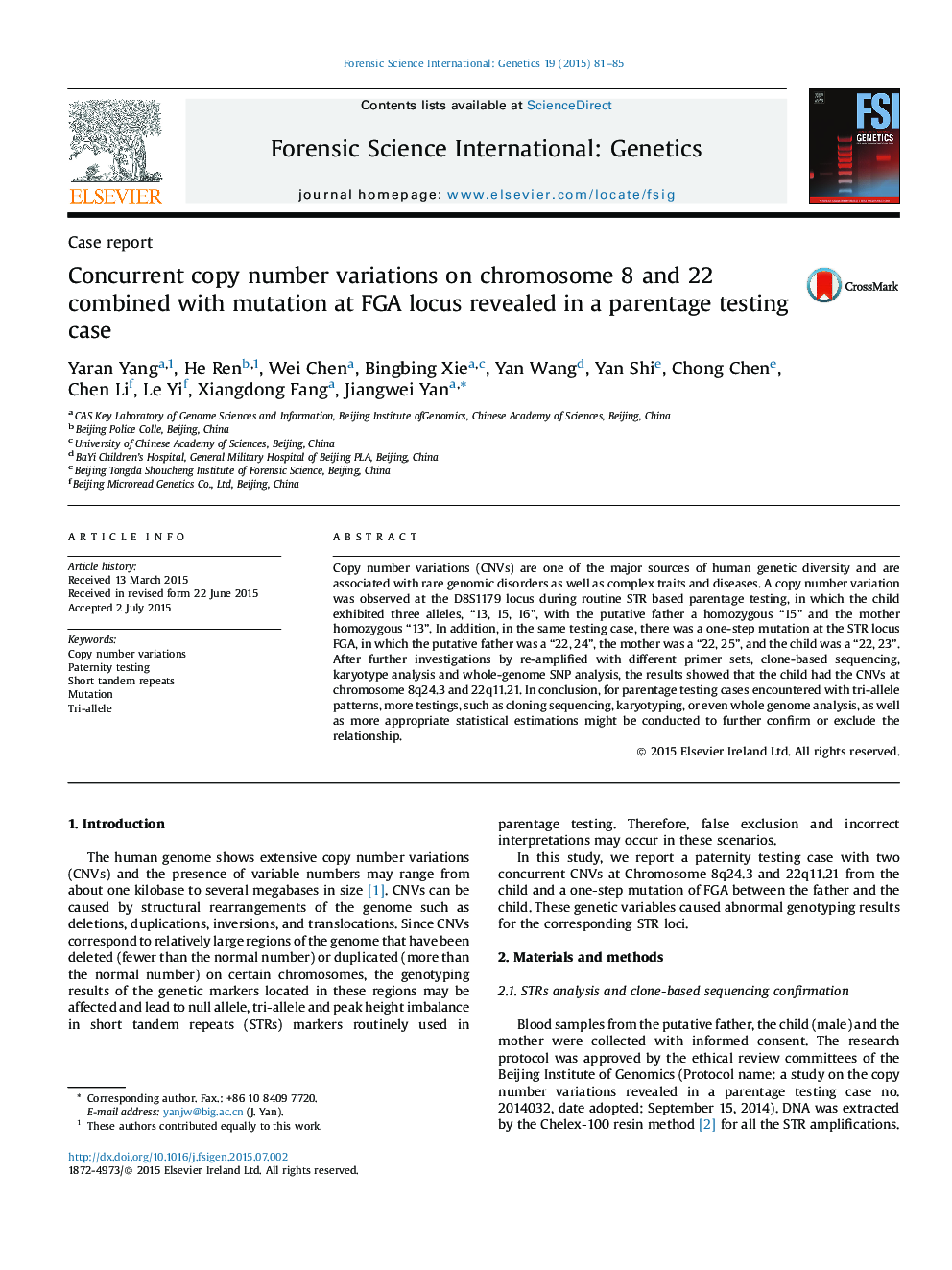 Concurrent copy number variations on chromosome 8 and 22 combined with mutation at FGA locus revealed in a parentage testing case