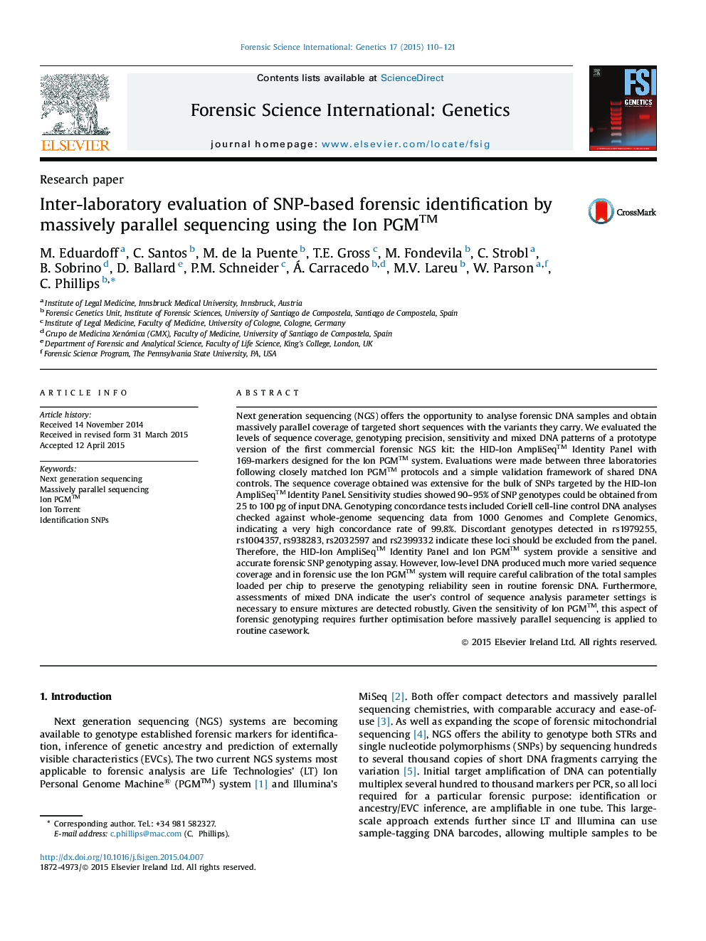 Inter-laboratory evaluation of SNP-based forensic identification by massively parallel sequencing using the Ion PGMâ¢