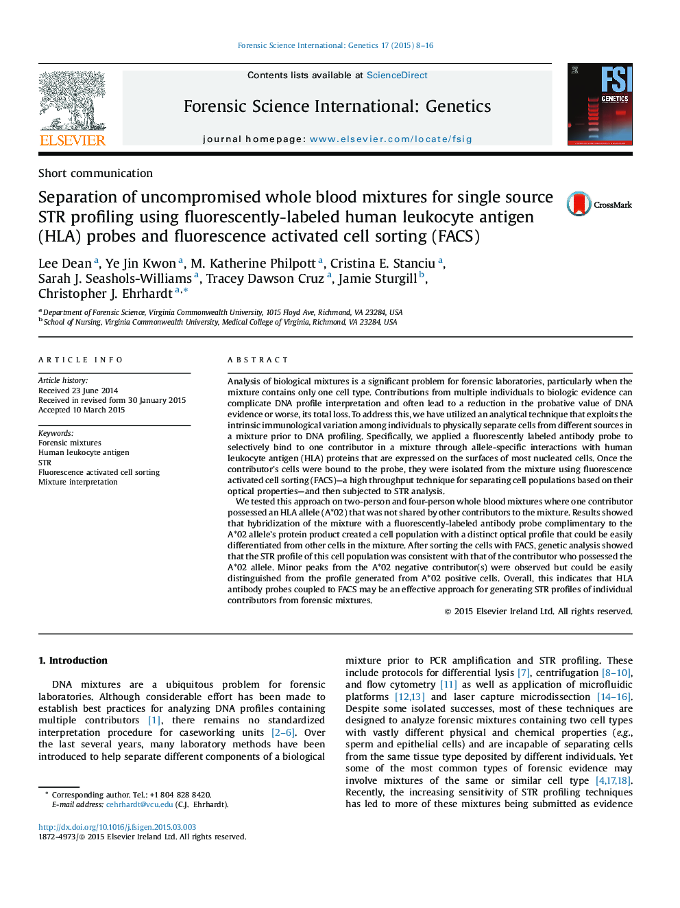 Separation of uncompromised whole blood mixtures for single source STR profiling using fluorescently-labeled human leukocyte antigen (HLA) probes and fluorescence activated cell sorting (FACS)