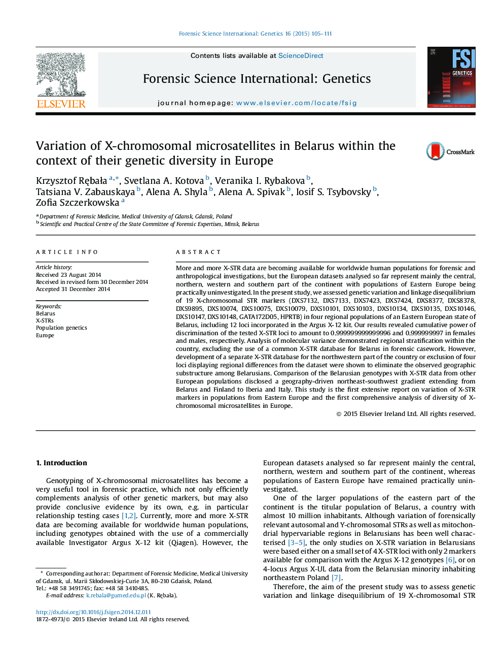 عکس صفحه اول مقاله: Variation of X-chromosomal microsatellites in Belarus within the context of their genetic diversity in Europe Variation of X-chromosomal microsatellites in Belarus within the context of their genetic diversity in Europe