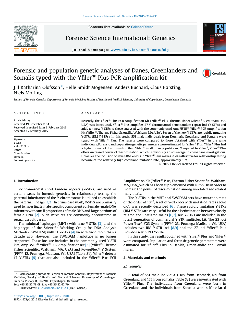 Forensic and population genetic analyses of Danes, Greenlanders and Somalis typed with the Yfiler® Plus PCR amplification kit