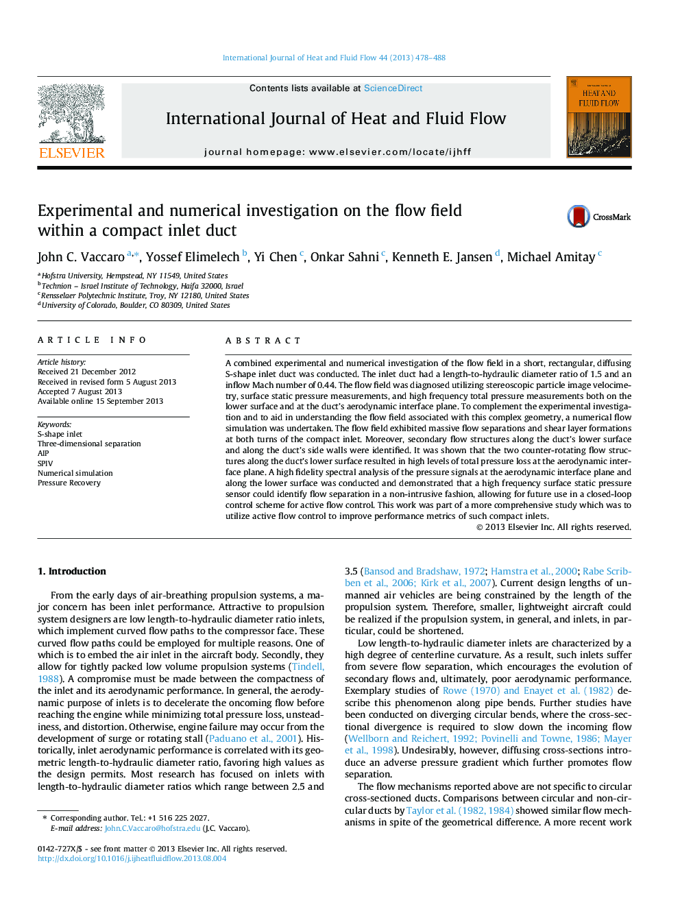 Experimental and numerical investigation on the flow field within a compact inlet duct