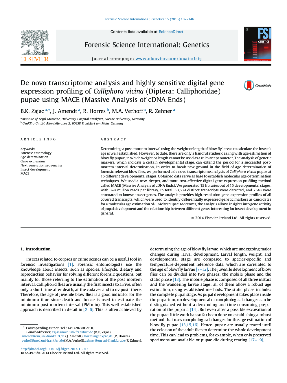 De novo transcriptome analysis and highly sensitive digital gene expression profiling of Calliphora vicina (Diptera: Calliphoridae) pupae using MACE (Massive Analysis of cDNA Ends)