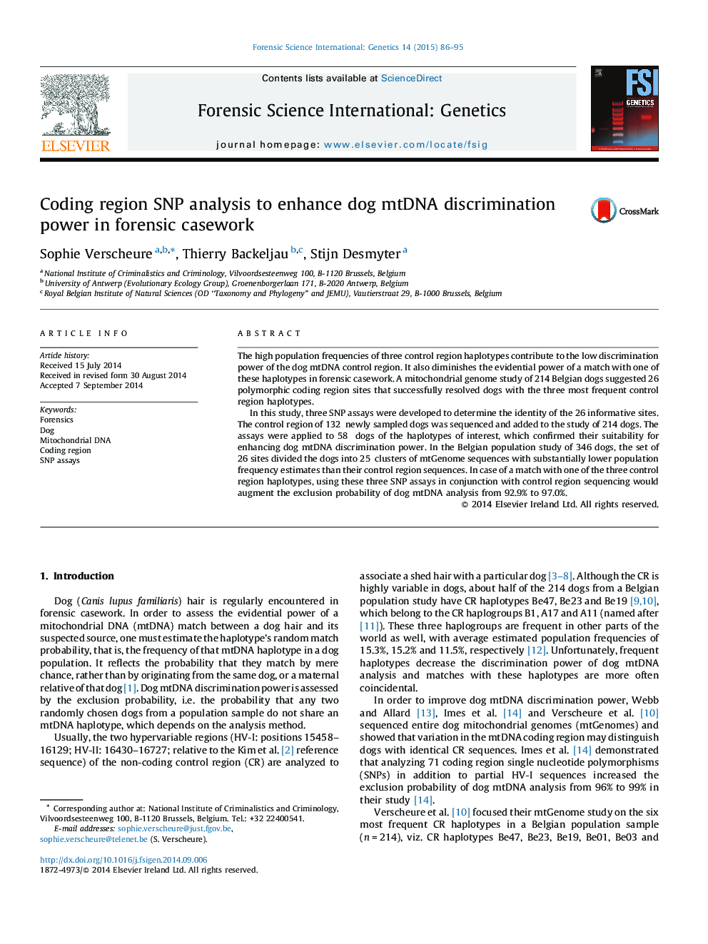 Coding region SNP analysis to enhance dog mtDNA discrimination power in forensic casework