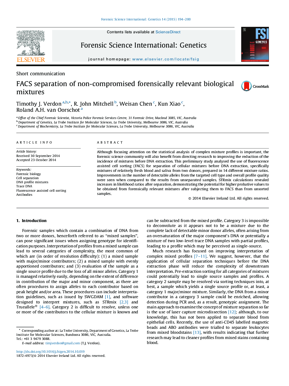 FACS separation of non-compromised forensically relevant biological mixtures