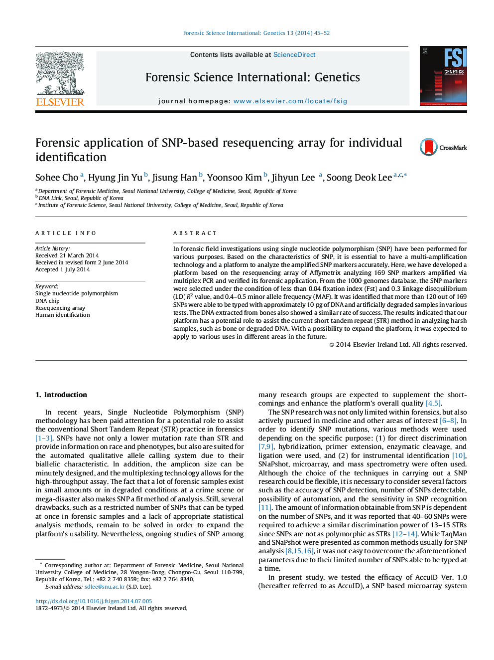 Forensic application of SNP-based resequencing array for individual identification