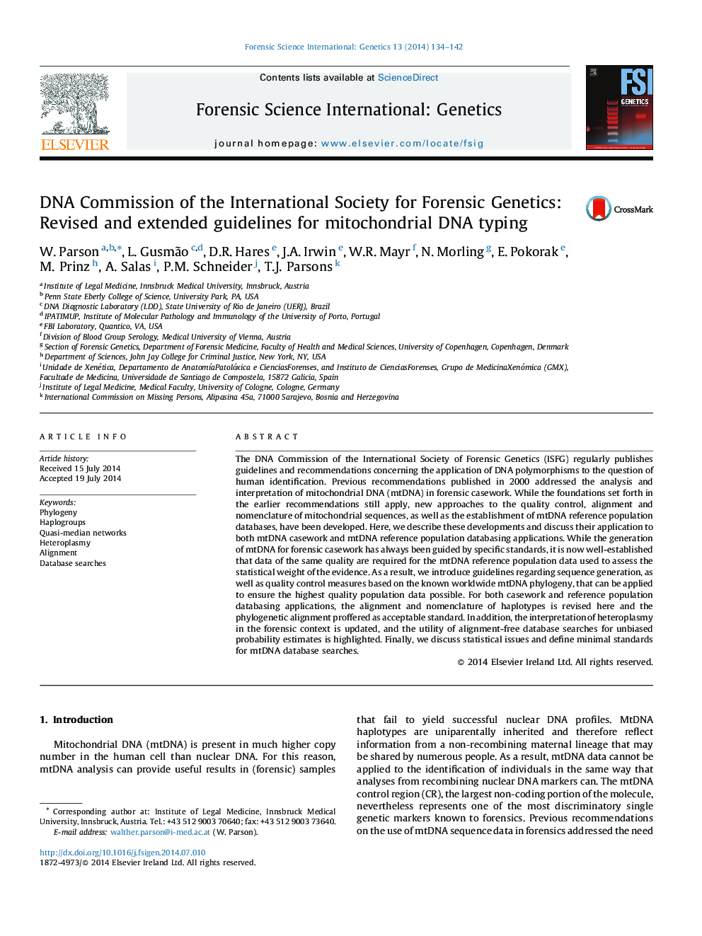 DNA Commission of the International Society for Forensic Genetics: Revised and extended guidelines for mitochondrial DNA typing