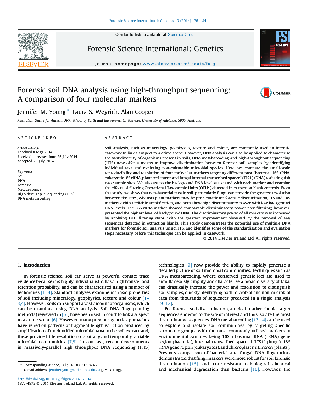 عکس صفحه اول مقاله: Forensic soil DNA analysis using high-throughput sequencing: A comparison of four molecular markers Forensic soil DNA analysis using high-throughput sequencing: A comparison of four molecular markers