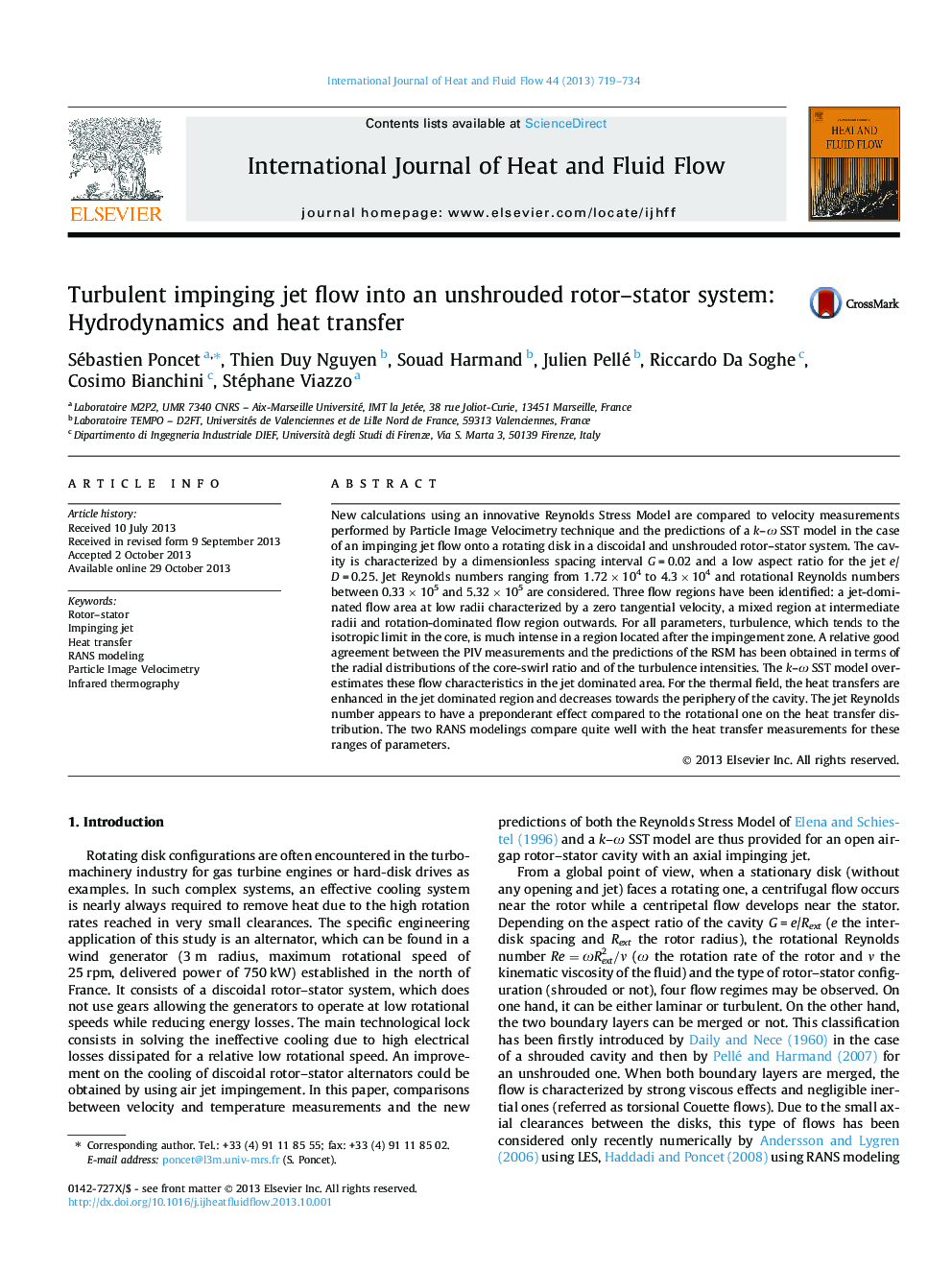 Turbulent impinging jet flow into an unshrouded rotor–stator system: Hydrodynamics and heat transfer