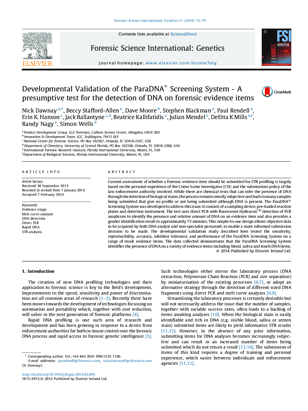 Developmental Validation of the ParaDNA® Screening System - A presumptive test for the detection of DNA on forensic evidence items