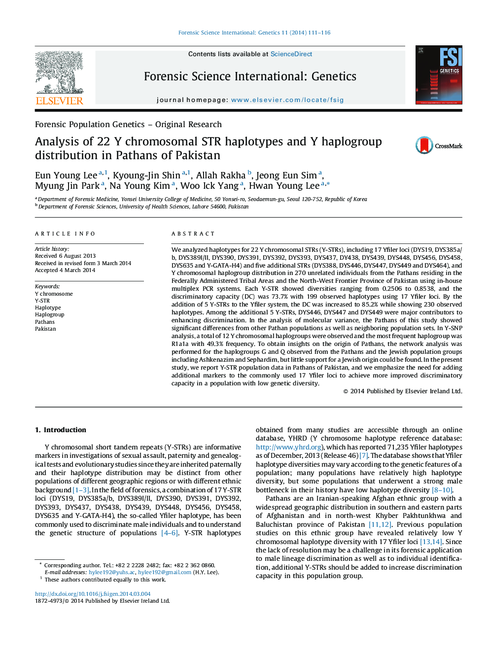 Analysis of 22 Y chromosomal STR haplotypes and Y haplogroup distribution in Pathans of Pakistan