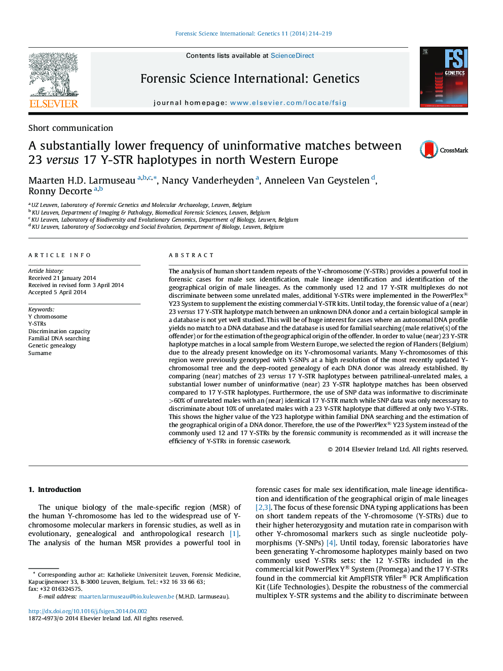 A substantially lower frequency of uninformative matches between 23 versus 17 Y-STR haplotypes in north Western Europe