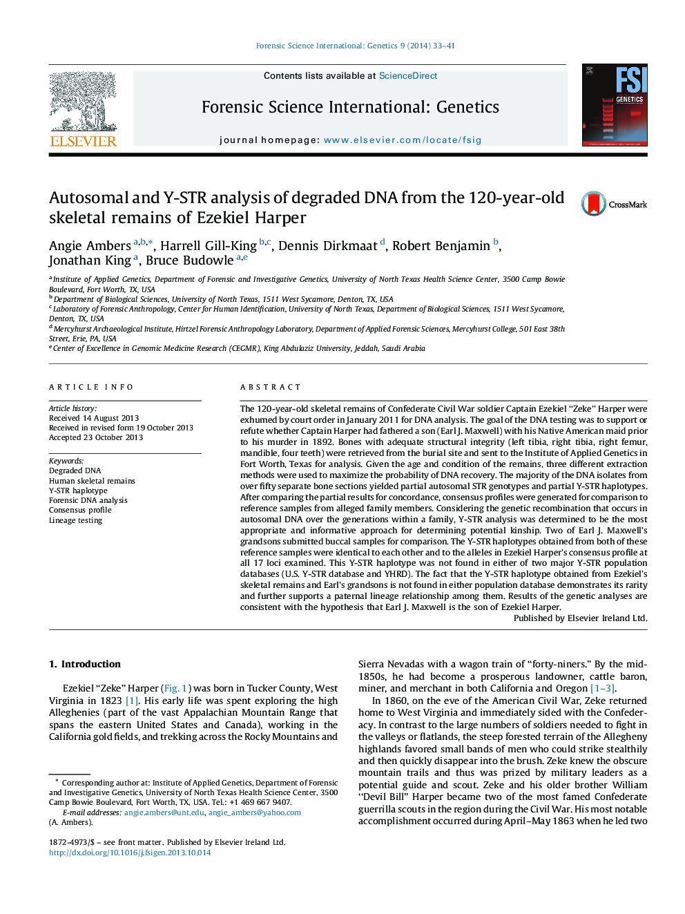 Autosomal and Y-STR analysis of degraded DNA from the 120-year-old skeletal remains of Ezekiel Harper