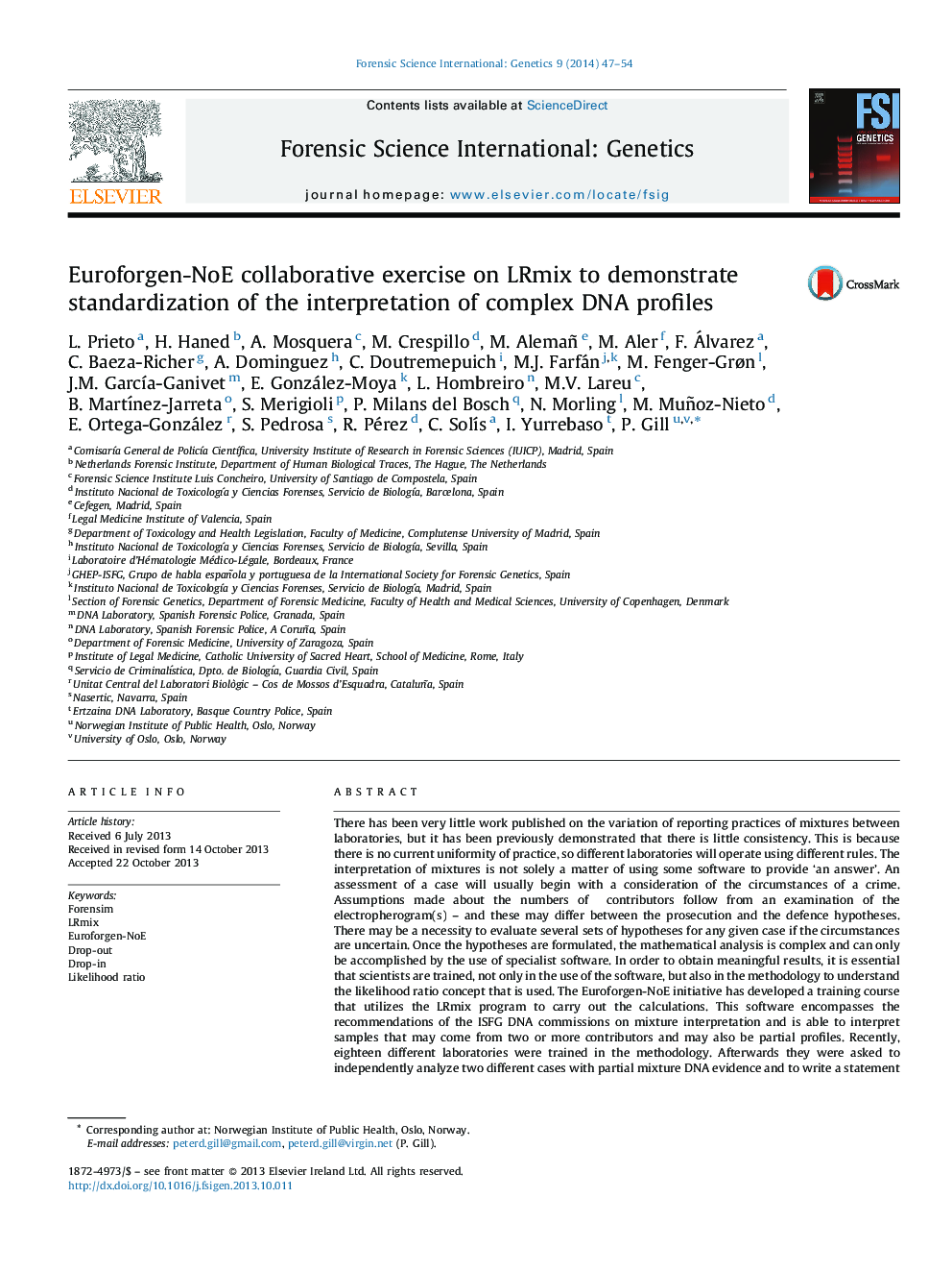 Euroforgen-NoE collaborative exercise on LRmix to demonstrate standardization of the interpretation of complex DNA profiles