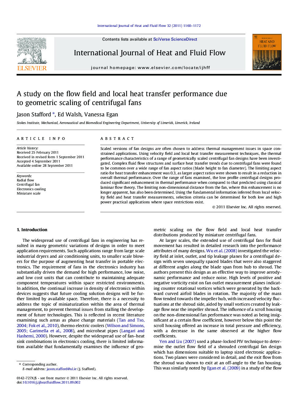 A study on the flow field and local heat transfer performance due to geometric scaling of centrifugal fans