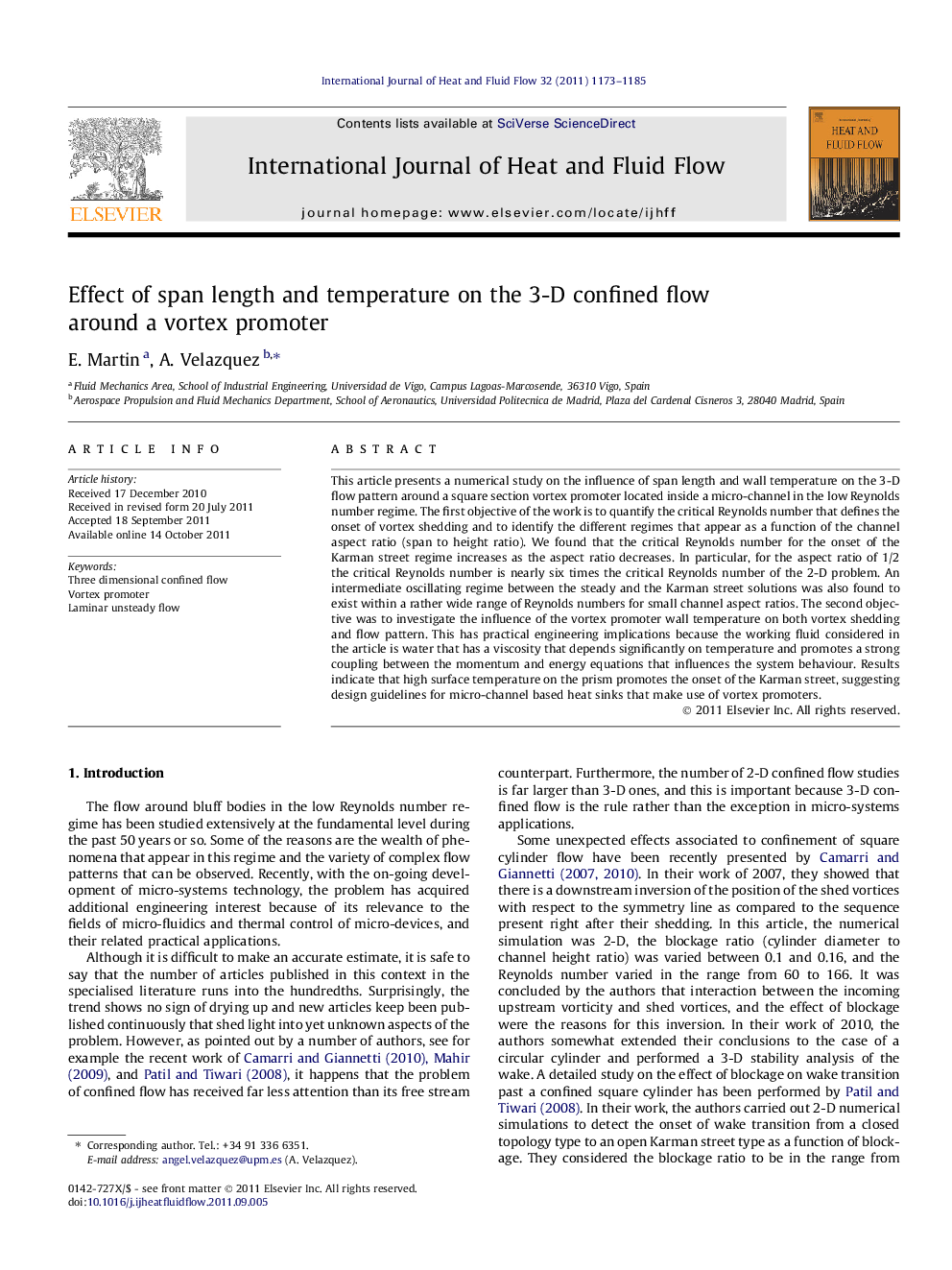 Effect of span length and temperature on the 3-D confined flow around a vortex promoter