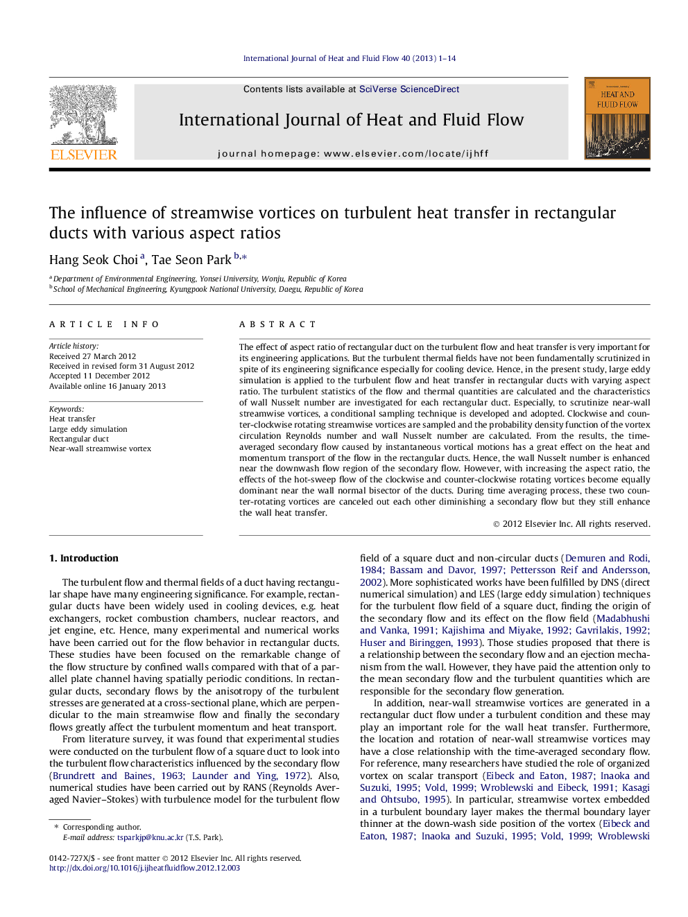 The influence of streamwise vortices on turbulent heat transfer in rectangular ducts with various aspect ratios