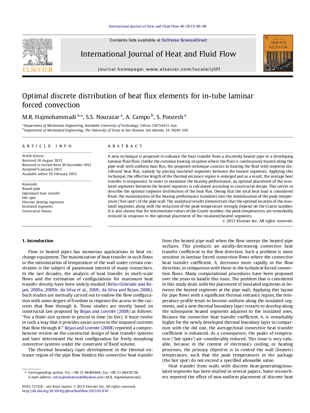 عکس صفحه اول مقاله: Optimal discrete distribution of heat flux elements for in-tube laminar forced convection Optimal discrete distribution of heat flux elements for in-tube laminar forced convection