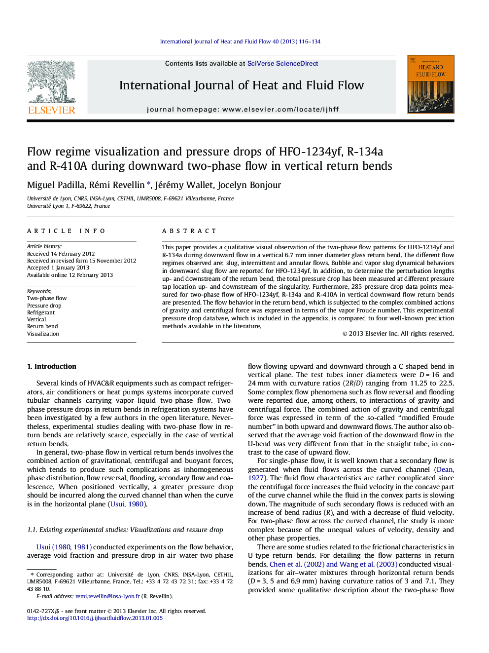 Flow regime visualization and pressure drops of HFO-1234yf, R-134a and R-410A during downward two-phase flow in vertical return bends