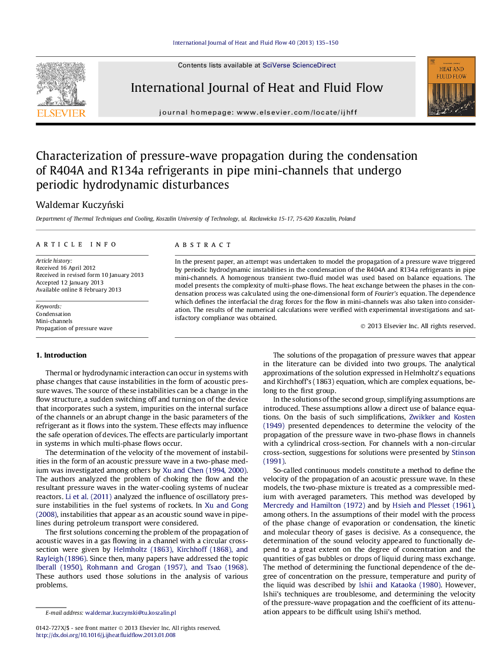 Characterization of pressure-wave propagation during the condensation of R404A and R134a refrigerants in pipe mini-channels that undergo periodic hydrodynamic disturbances