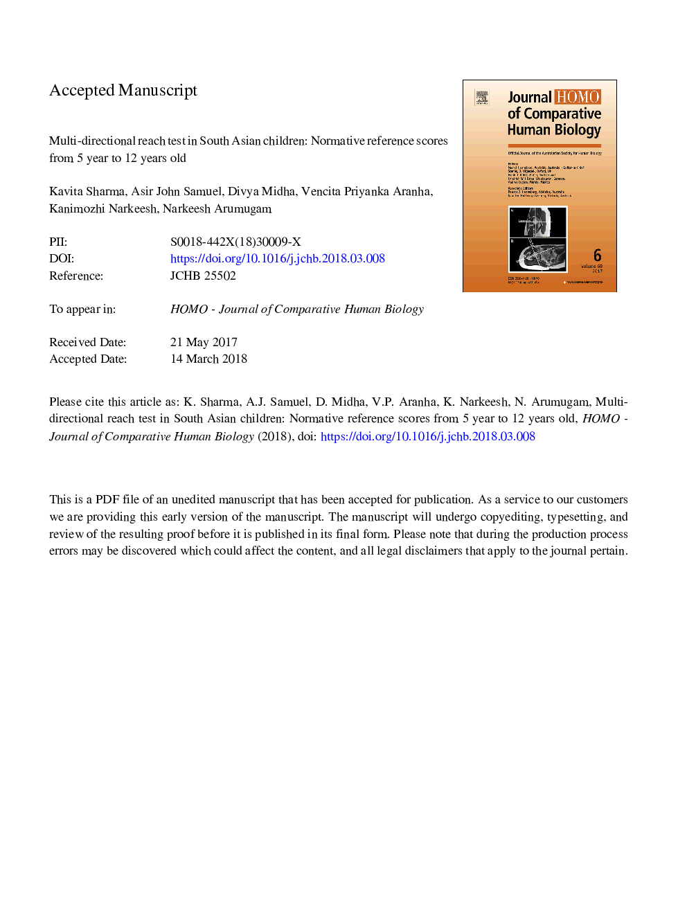 Multi-directional reach test in South Asian children: Normative reference scores from 5â¯year to 12â¯years old