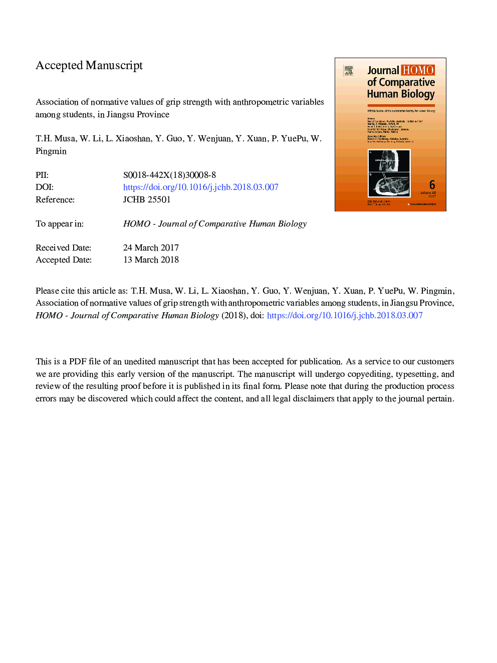 Association of normative values of grip strength with anthropometric variables among students, in Jiangsu Province