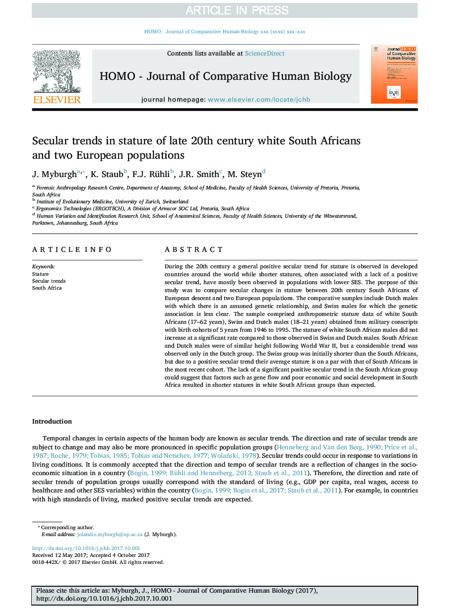 Secular trends in stature of late 20th century white South Africans and two European populations