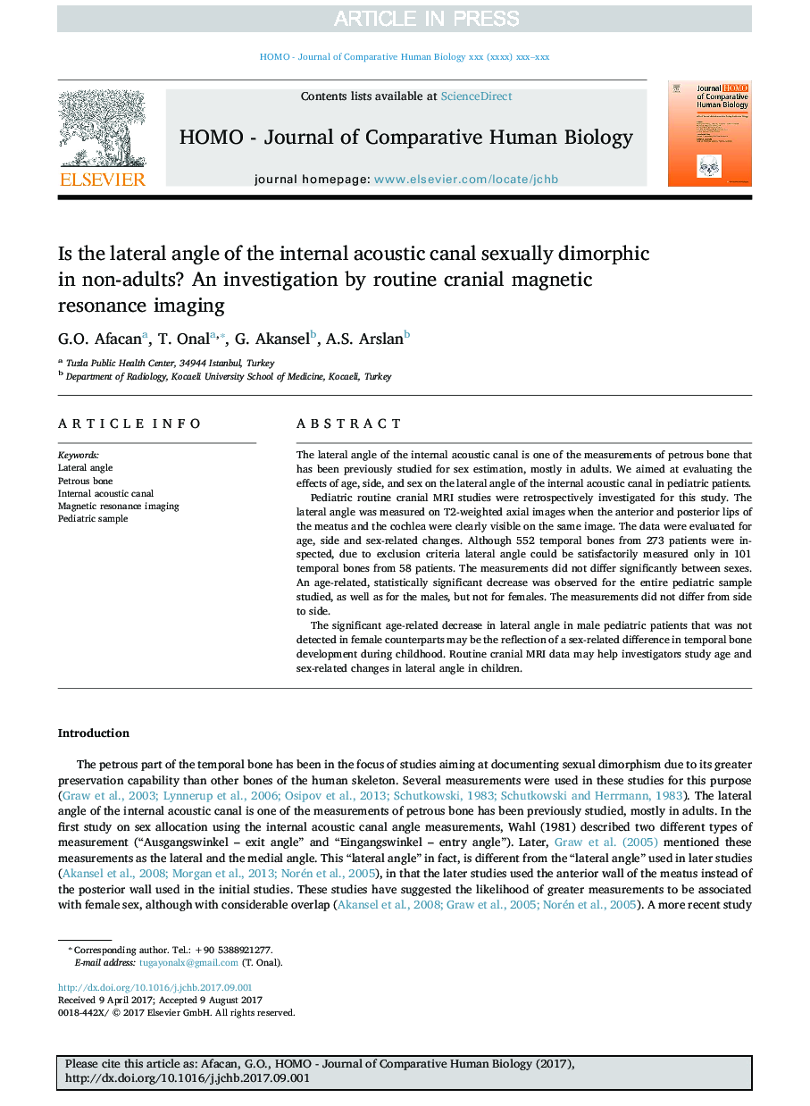 Is the lateral angle of the internal acoustic canal sexually dimorphic in non-adults? An investigation by routine cranial magnetic resonance imaging