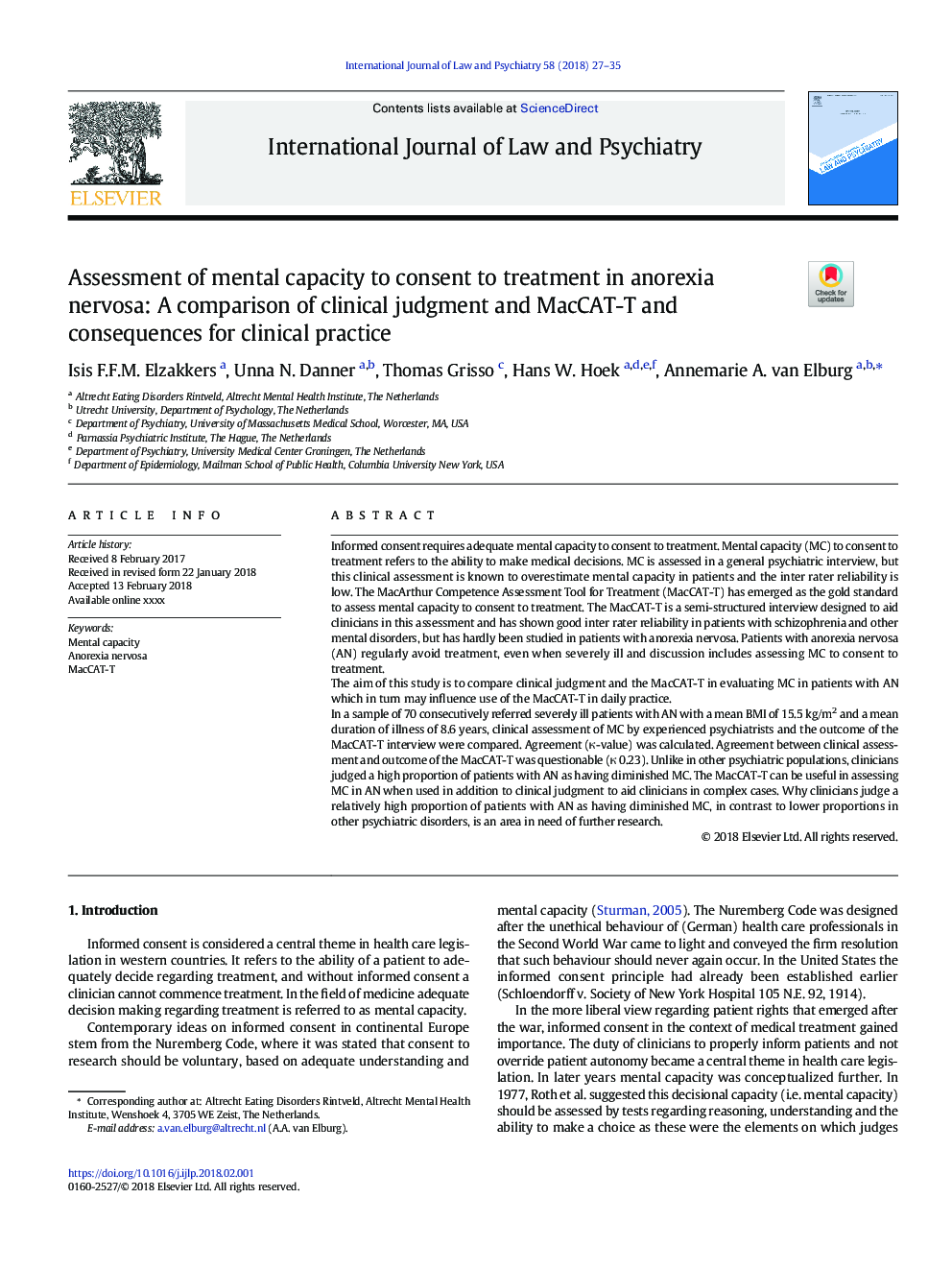 Assessment of mental capacity to consent to treatment in anorexia nervosa: A comparison of clinical judgment and MacCAT-T and consequences for clinical practice