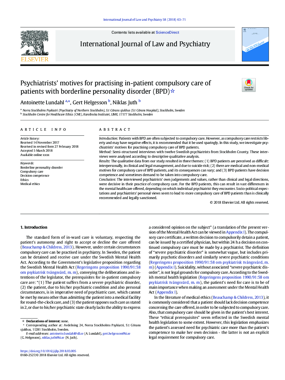 Psychiatrists' motives for practising in-patient compulsory care of patients with borderline personality disorder (BPD)