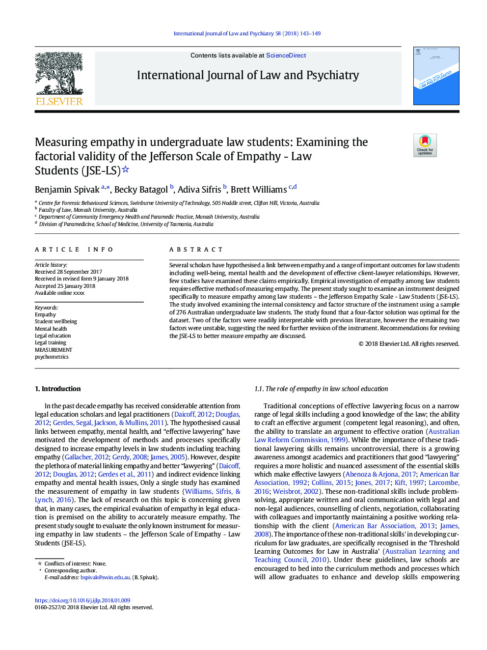 Measuring empathy in undergraduate law students: Examining the factorial validity of the Jefferson Scale of Empathy - Law Students (JSE-LS)