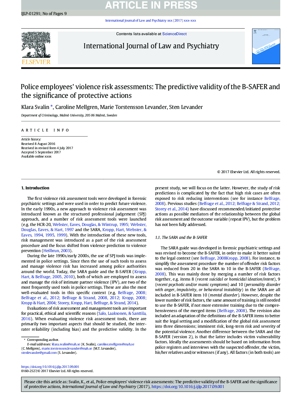 Police employees' violence risk assessments: The predictive validity of the B-SAFER and the significance of protective actions