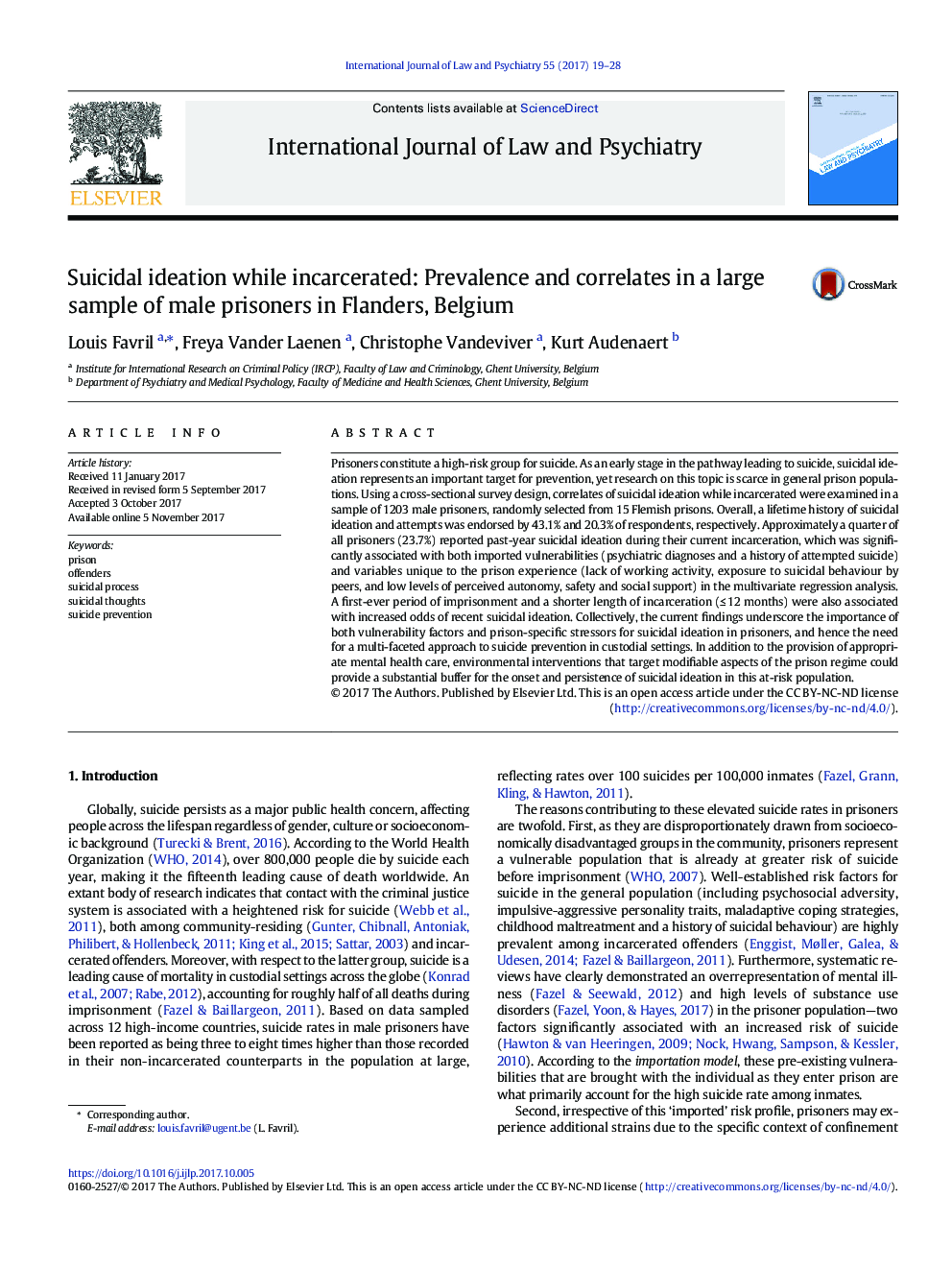 Suicidal ideation while incarcerated: Prevalence and correlates in a large sample of male prisoners in Flanders, Belgium