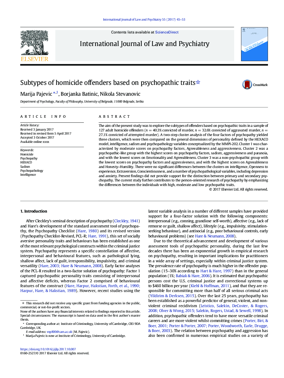 Subtypes of homicide offenders based on psychopathic traits