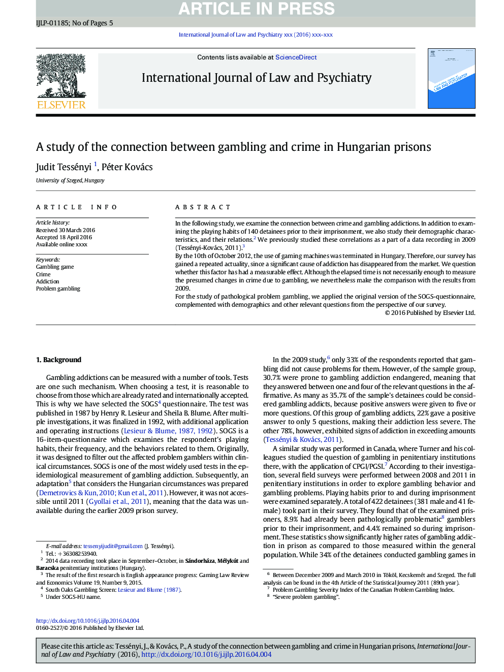 A study of the connection between gambling and crime in Hungarian prisons