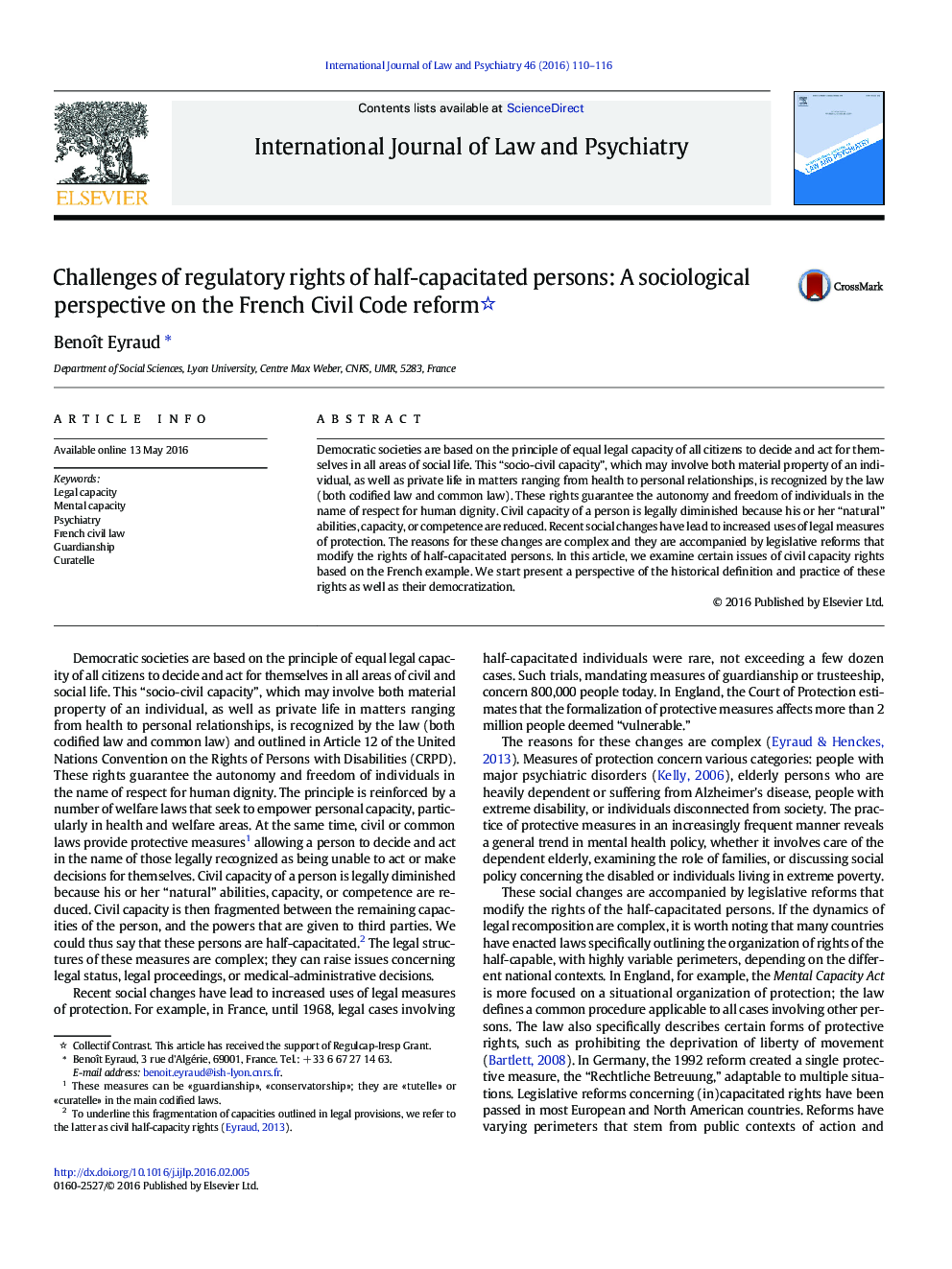 Challenges of regulatory rights of half-capacitated persons: A sociological perspective on the French Civil Code reform