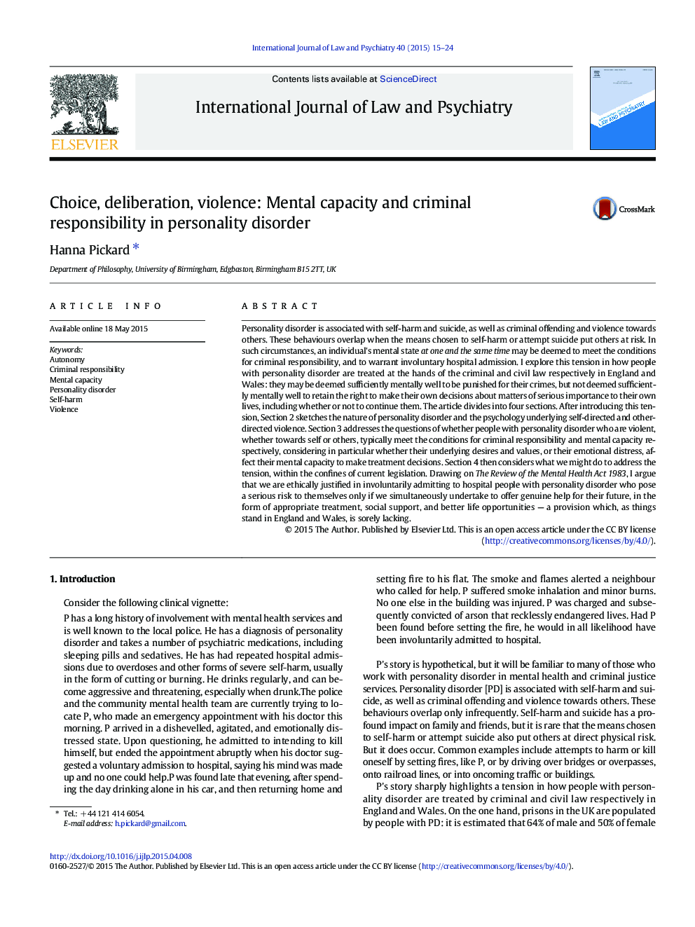 Choice, deliberation, violence: Mental capacity and criminal responsibility in personality disorder