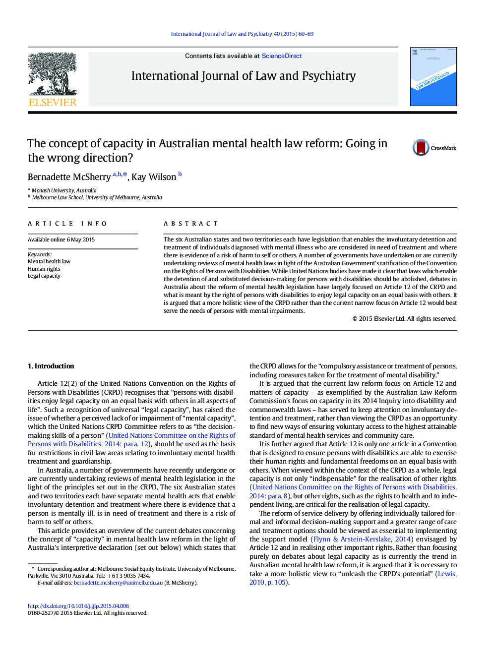 The concept of capacity in Australian mental health law reform: Going in the wrong direction?