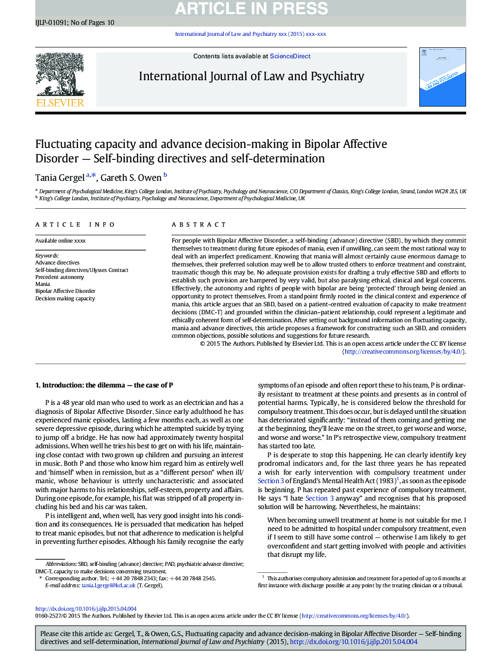 Fluctuating capacity and advance decision-making in Bipolar Affective Disorder - Self-binding directives and self-determination