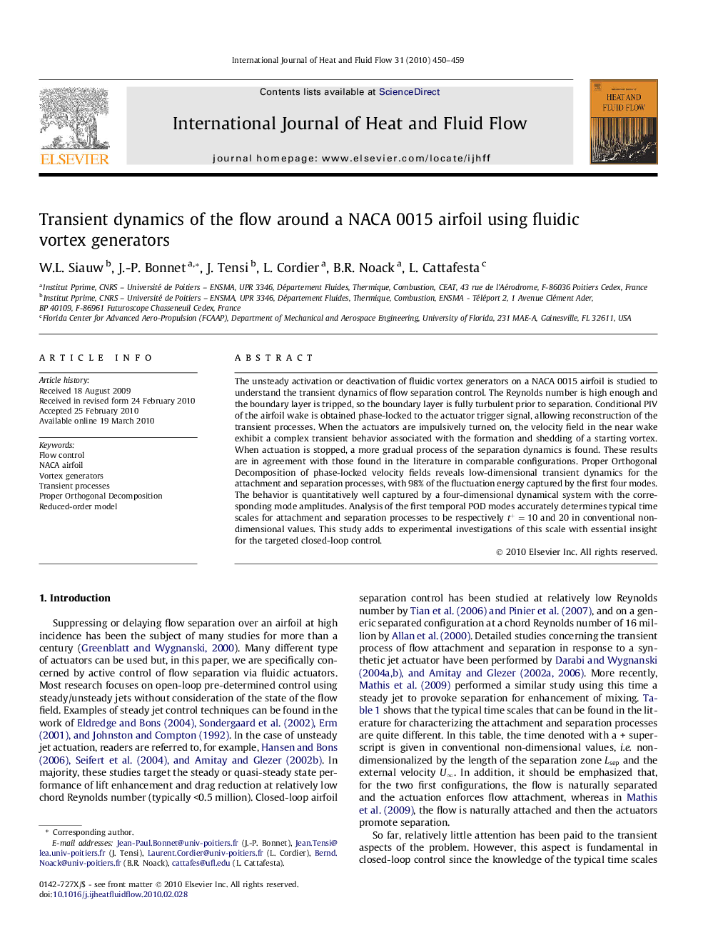 Transient dynamics of the flow around a NACA 0015 airfoil using fluidic vortex generators