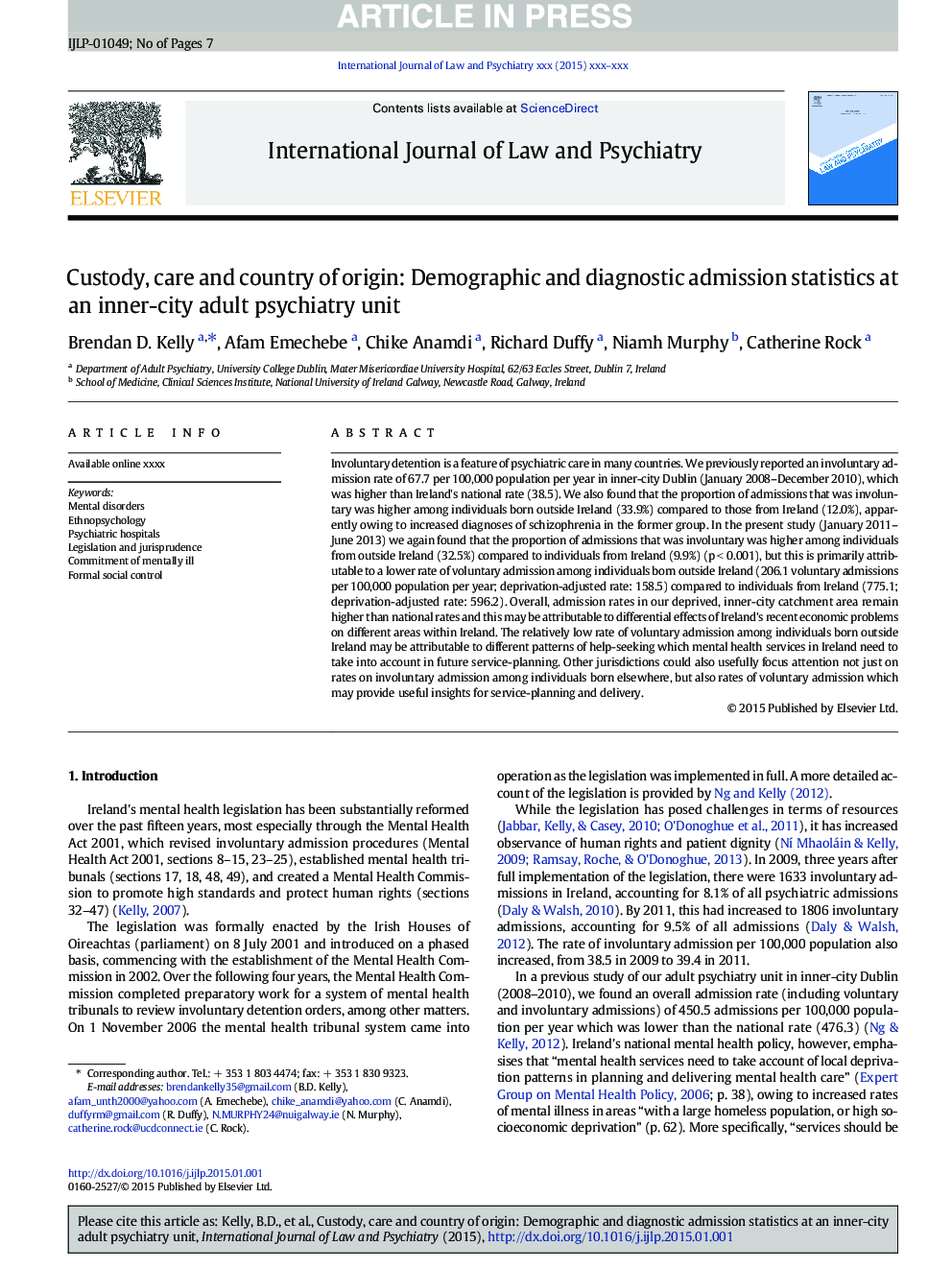 Custody, care and country of origin: Demographic and diagnostic admission statistics at an inner-city adult psychiatry unit