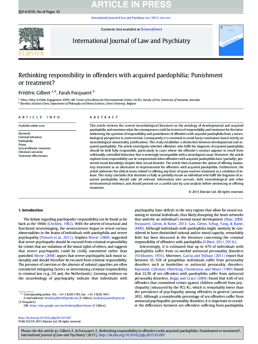 Rethinking responsibility in offenders with acquired paedophilia: Punishment or treatment?