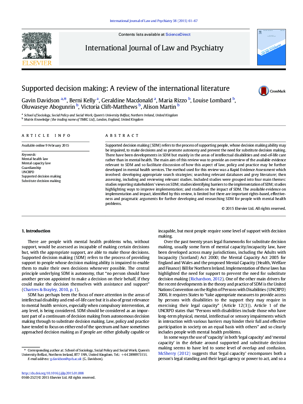 Supported decision making: A review of the international literature