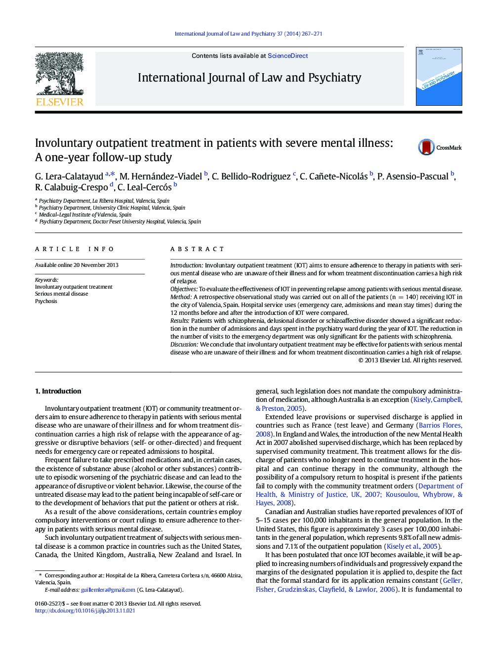 Involuntary outpatient treatment in patients with severe mental illness: A one-year follow-up study