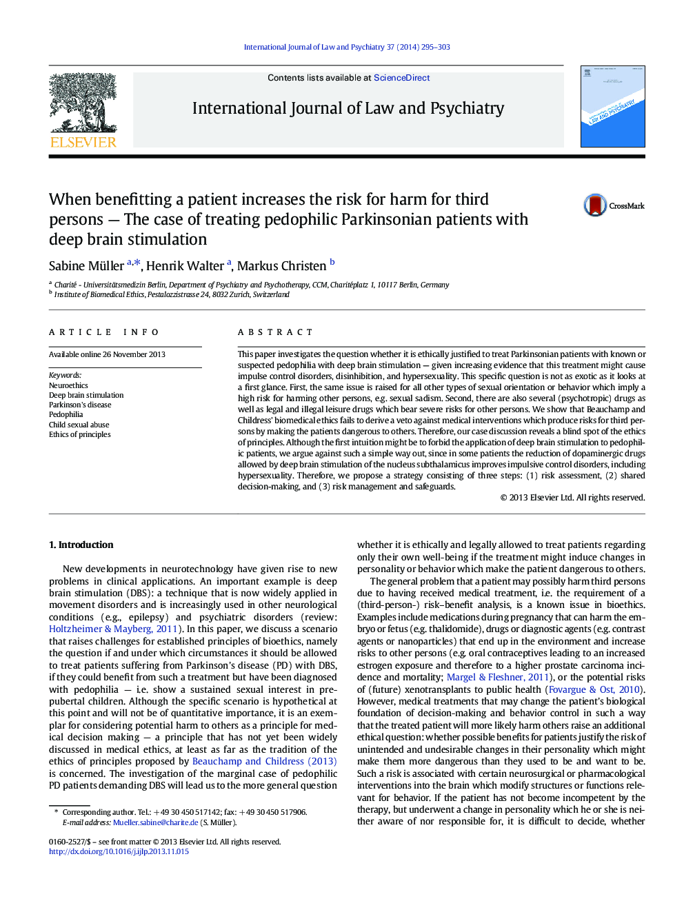 When benefitting a patient increases the risk for harm for third persons - The case of treating pedophilic Parkinsonian patients with deep brain stimulation