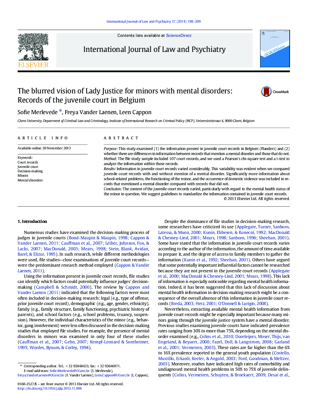 The blurred vision of Lady Justice for minors with mental disorders: Records of the juvenile court in Belgium