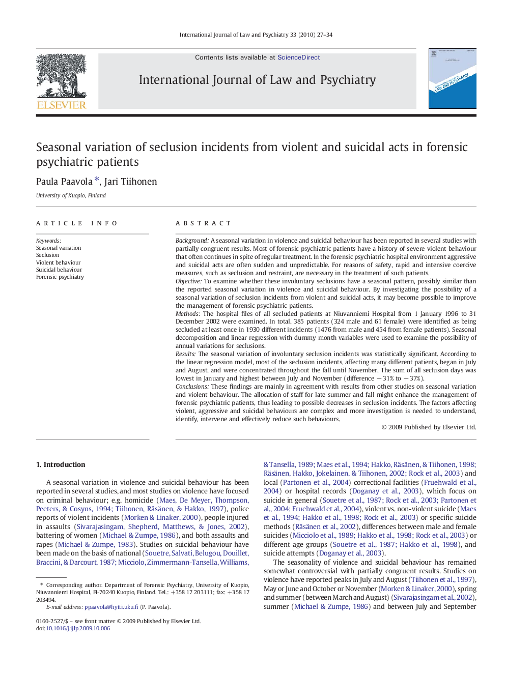 Seasonal variation of seclusion incidents from violent and suicidal acts in forensic psychiatric patients