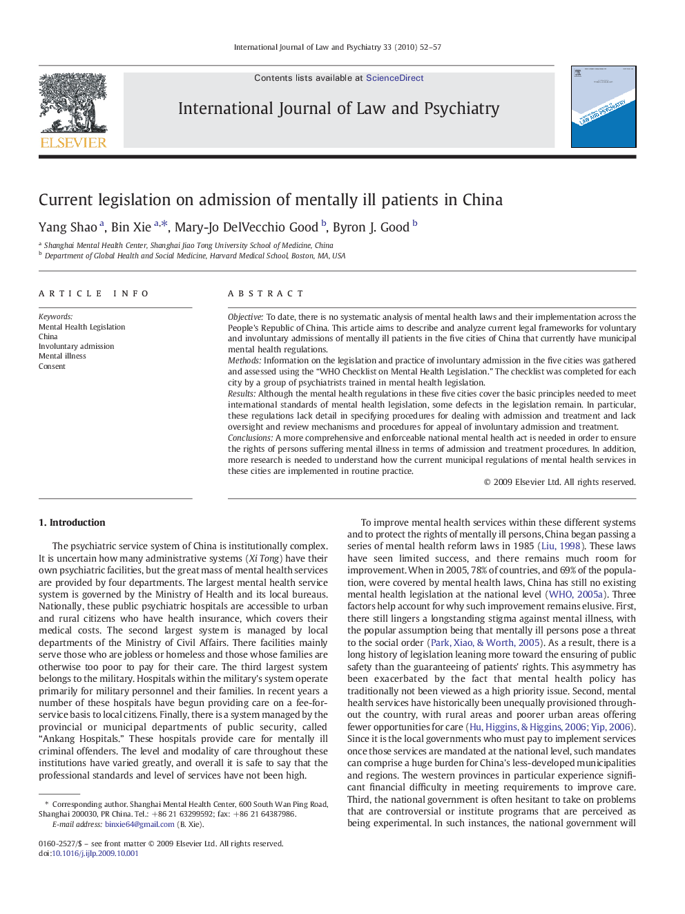 Current legislation on admission of mentally ill patients in China