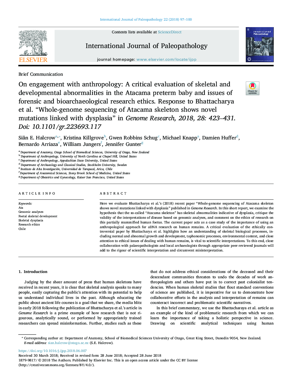 On engagement with anthropology: A critical evaluation of skeletal and developmental abnormalities in the Atacama preterm baby and issues of forensic and bioarchaeological research ethics. Response to Bhattacharya et al. “Whole-genome sequencing of Atacam