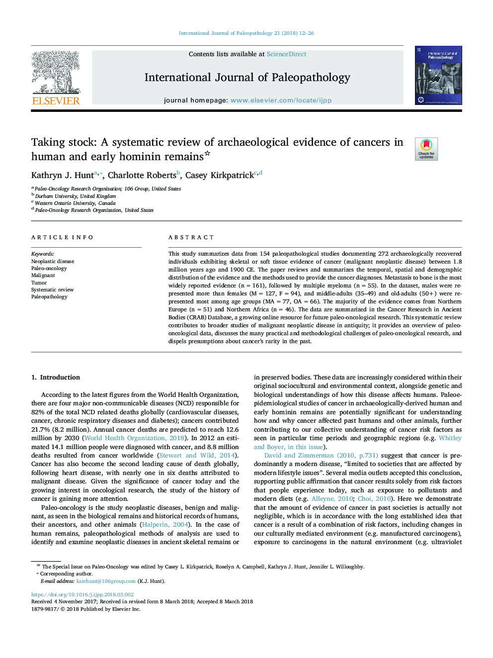 Taking stock: A systematic review of archaeological evidence of cancers in human and early hominin remains